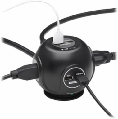 Spherical Surge Protector, 3-Outlet, 4 USB Ports, 540 Joules, 6 ft Cord, 5-15P, Black