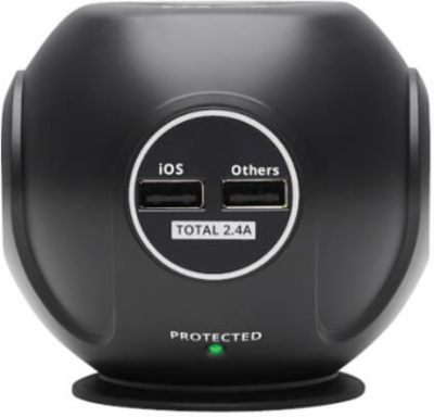 Spherical Surge Protector, 3-Outlet, 4 USB Ports, 540 Joules, 6 ft Cord, 5-15P, Black