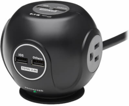 Spherical Surge Protector, 3-Outlet, 4 USB Ports, 540 Joules, 6 ft Cord, 5-15P, Black