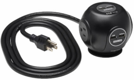 Spherical Surge Protector, 3-Outlet, 4 USB Ports, 540 Joules, 6 ft Cord, 5-15P, Black
