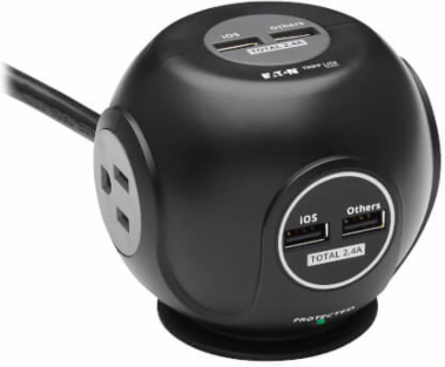 Spherical Surge Protector, 3-Outlet, 4 USB Ports, 540 Joules, 6 ft Cord, 5-15P, Black