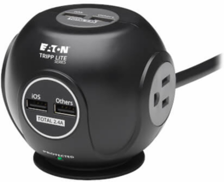 Spherical Surge Protector, 3-Outlet, 4 USB Ports, 8 ft Cord, 5-15P, Antimicrobial