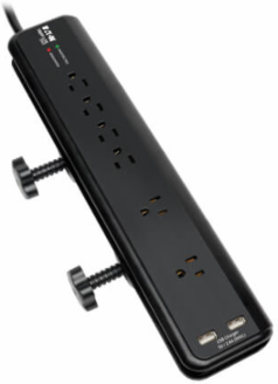 6-Outlet Clamp-Mount Surge Protector, 2100 Joules, 6 ft Cord, 2 USB Ports