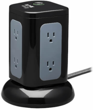 Surge Protector Tower, 6-Outlet, 3x USB-A, 1x USB-C, 1800 Joules, 8 ft Cord, Black