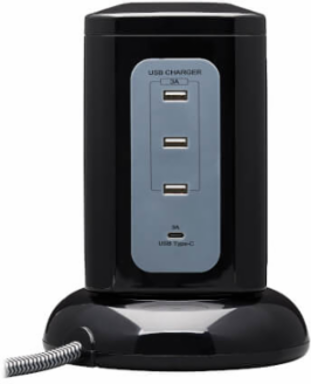 Surge Protector Tower, 6-Outlet, 3x USB-A, 1x USB-C, 1800 Joules, 8 ft Cord, Black