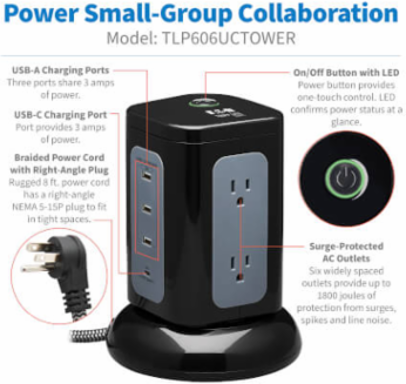 Surge Protector Tower, 6-Outlet, 3x USB-A, 1x USB-C, 1800 Joules, 8 ft Cord, Black