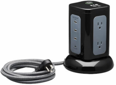 Surge Protector Tower, 6-Outlet, 3x USB-A, 1x USB-C, 1800 Joules, 8 ft Cord, Black