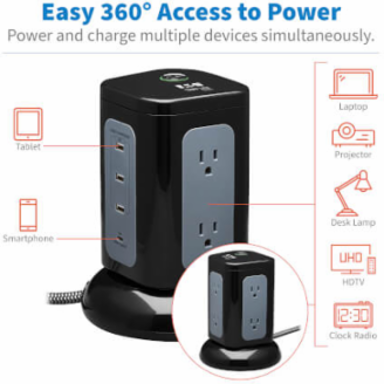 Surge Protector Tower, 6-Outlet, 3x USB-A, 1x USB-C, 1800 Joules, 8 ft Cord, Black