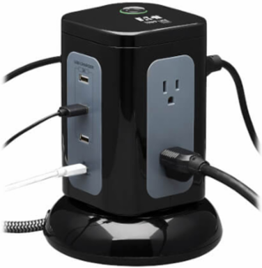 Surge Protector Tower, 6-Outlet, 3x USB-A, 1x USB-C, 1800 Joules, 8 ft Cord, Black