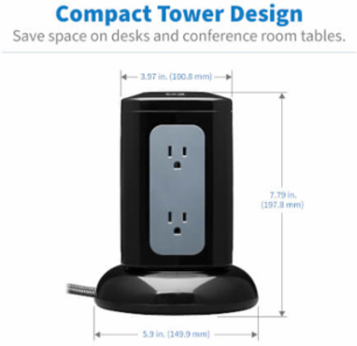 Surge Protector Tower, 6-Outlet, 3x USB-A, 1x USB-C, 1800 Joules, 8 ft Cord, Black