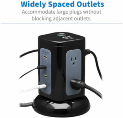 Surge Protector Tower, 6-Outlet, 3x USB-A, 1x USB-C, 1800 Joules, 8 ft Cord, Black
