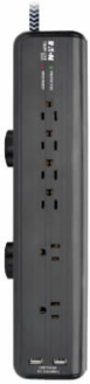 Surge Protector, 6-Outlet, 2 USB Ports, 8 ft Cord, 5-15P, 2100 Joules, Antimicrobial, Black