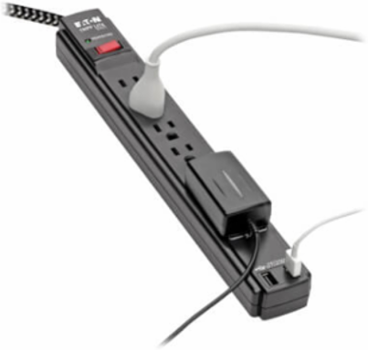Surge Protector, 6-Outlet, 2 USB Ports, 10 ft Cord, 5-15P, 990 Joules, Antimicrobial, Black