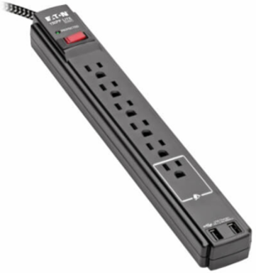 Surge Protector, 6-Outlet, 2 USB Ports, 10 ft Cord, 5-15P, 990 Joules, Antimicrobial, Black