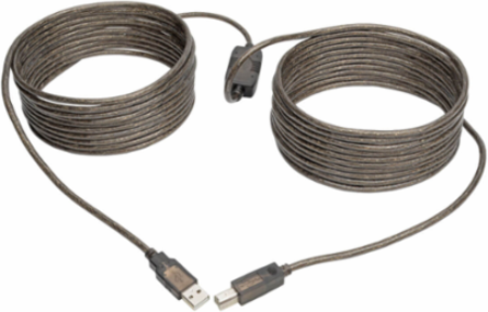 USB 2.0 A/B Active Repeater Cable, 30 ft, Supports 480 Mbps, Gold-Plated Contacts