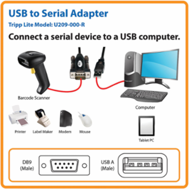 USB-A to RS232 (DB9) Serial Adapter Cable, 5 ft., Black, Male to Male