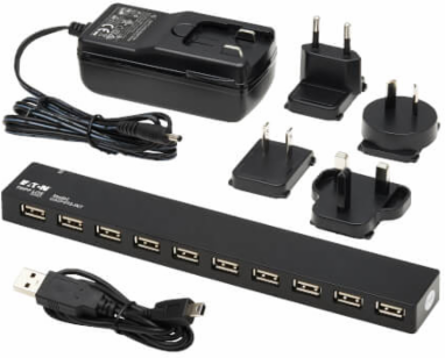USB 2.0 Hub, 10-Port, with Power Supply and International Plug Adapters