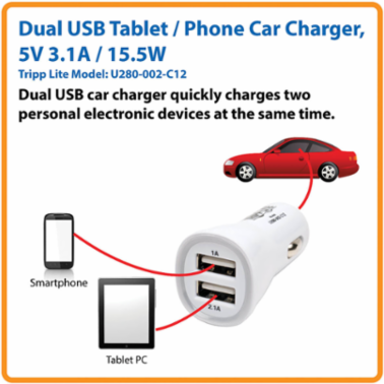 Dual-Port USB Car Charger, 5V 3.1A, 12V DC Lighter Socket