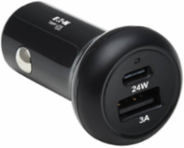 Car Charger, Dual-Port, USB-C (24W) PD 3.0, USB-A (24W) QC 3.0, Black