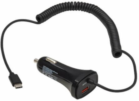Car Charger, Dual-Port, 30W, Coiled 6 ft USB-C Cable, Black