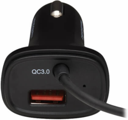 Car Charger, Dual-Port, 30W, Coiled 6 ft USB-C Cable, Black