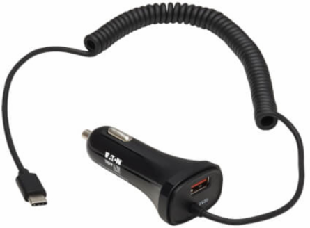 Car Charger, Dual-Port, 30W, Coiled 6 ft USB-C Cable, Black