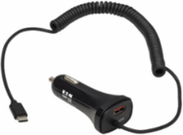 Car Charger, Dual-Port, 30W, Coiled 6 ft USB-C Cable, Black
