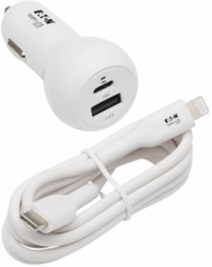 Car Charger, Dual-Port, 30W PD, USB-C (18W) & USB-A (12W), USB-C to Lightning Cable, White