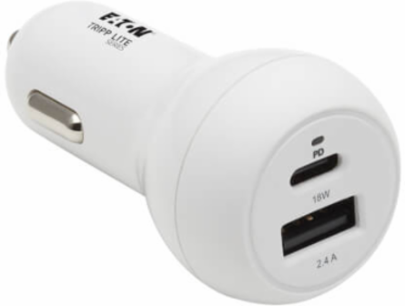 Car Charger, Dual-Port, 30W PD, USB-C (18W) & USB-A (12W), USB-C to Lightning Cable, White