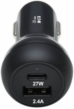 Car Charger, Dual-Port, 39W, USB-C (27W) PD 3.0, USB-A (12W), Black