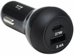 Car Charger, Dual-Port, 39W, USB-C (27W) PD 3.0, USB-A (12W), Black