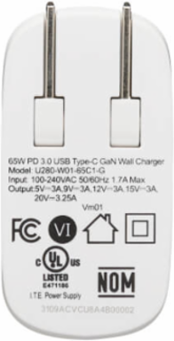 USB-C Wall Charger, GaN Technology, 65W PD Charging, White