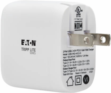 Dual-Port USB-C Wall Charger, GaN Technology, 40W PD Charging (20W+20W or 30W), White
