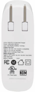4-Port USB Wall Charger, GaN Technology, 100W PD Charging, 2 USB-C & 2 USB-A, White