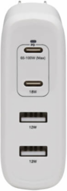 4-Port USB Wall Charger, GaN Technology, 100W PD Charging, 2 USB-C & 2 USB-A, White