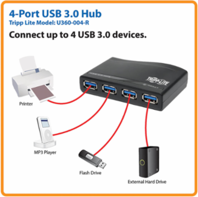 4-Port USB 3.0 SuperSpeed Hub, 5Gbps Transfer Speed, Includes External Power Supply