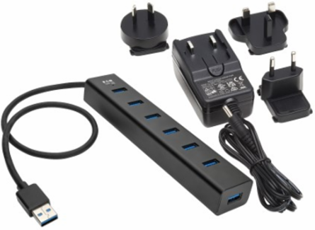 USB Hub, 7-Port, USB-A, Mini, USB 3.x (5 Gbps), International Plug Adapters, Aluminum