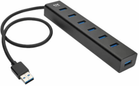 USB Hub, 7-Port, USB-A, Mini, USB 3.x (5 Gbps), International Plug Adapters, Aluminum