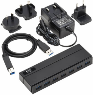 USB Hub, 7-Port, USB-A, Mini, USB 3.x (5 Gbps), International Plug Adapters