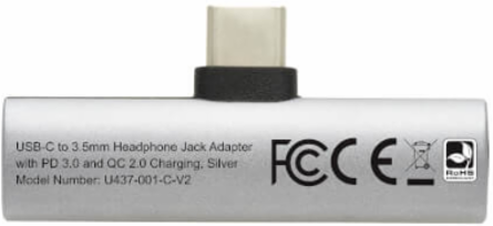 USB-C to 3.5 mm Headphone Jack Adapter, Hi-Res Stereo Audio, PD 3.0, QC 2.0 Charging, Silver