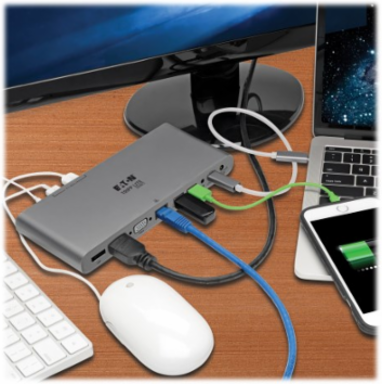 USB-C Dock, Triple Display, 4K HDMI/DP, VGA, USB 3.x (5Gbps) Hub, GbE, 100W PD Charging, EU/UK