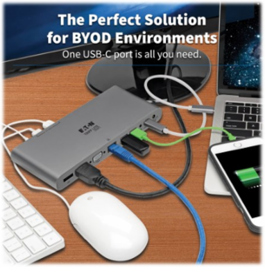 USB-C Dock, Triple Display, 4K HDMI/DP, VGA, USB 3.x (5Gbps) Hub, GbE, 100W PD Charging, EU/UK
