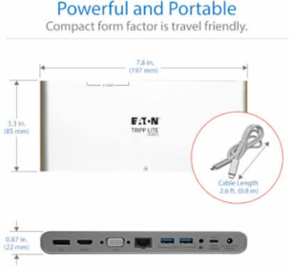 USB-C Dock, Triple Display, 4K HDMI/DP, VGA, USB 3.x (5Gbps) Hub, GbE, 100W PD Charging, EU/UK