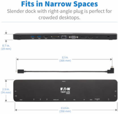 USB-C Dock, Triple Display, 4K HDMI & DP, VGA, USB 3.x (5Gbps)/USB 2.0 Hub, GbE, 100W PD, Black