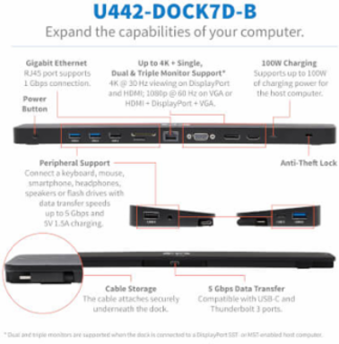 USB-C Dock, Triple Display, 4K HDMI & DP, VGA, USB 3.x (5Gbps)/USB 2.0 Hub, GbE, 100W PD, Black