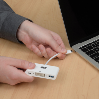 USB-C to DVI Adapter with USB-A Port, 1080p Video, PD Charging, White
