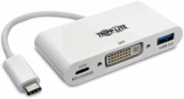 USB-C to DVI Adapter with USB-A Port, 1080p Video, PD Charging, White