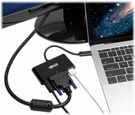 USB-C to DVI Adapter with USB-A Port, 1080p, PD Charging, Black