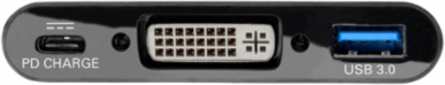 USB-C to DVI Adapter with USB-A Port, 1080p, PD Charging, Black
