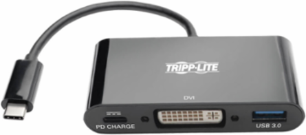 USB-C to DVI Adapter with USB-A Port, 1080p, PD Charging, Black